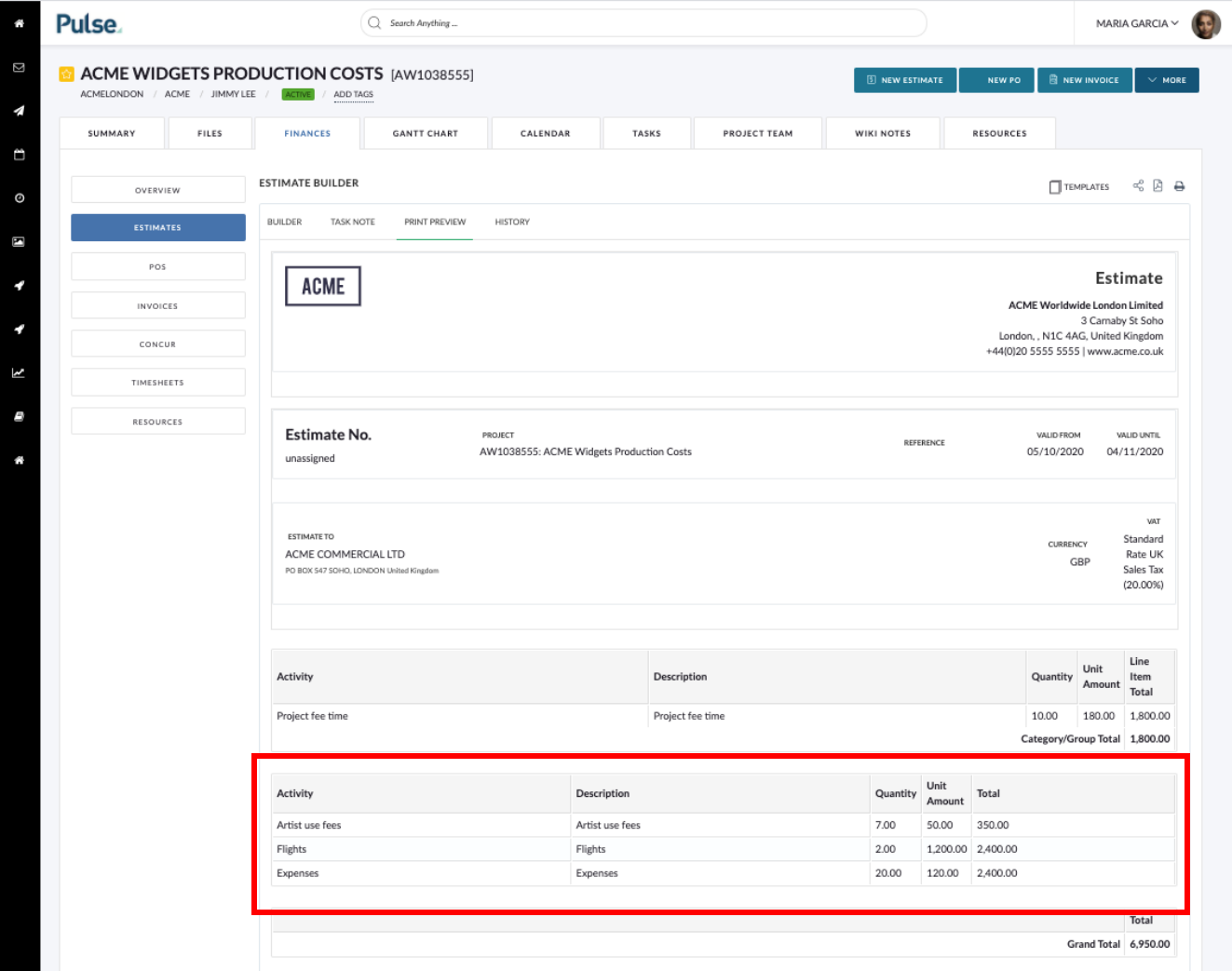 Screenshot of the Estimate Preview with the new 'Category Comment' field hidden