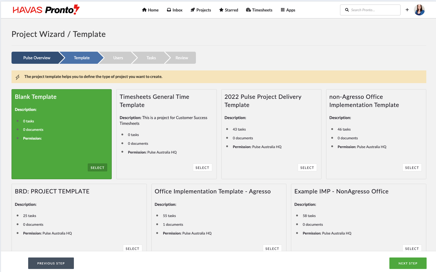 Choosing a Project Template - Pronto
